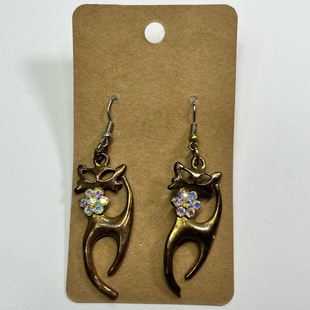 gold cat earrings with rhinestones!